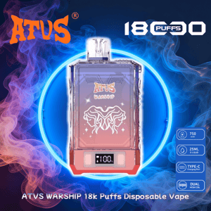 Clear rectangular ATVS Warship disposable vape with stylized elephant-like line art and a small digital puff display, shown against a glowing blue ring with purple and orange smoke and labels noting 18k puffs, 750 mAh, 25 ml e-liquid, Type-C charging, and dual mesh coil.