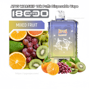 Promotional ad for an ATVS Warship 18k puffs disposable vape showing a clear rectangular purple-to-yellow device with white koi fish artwork and branding, an '18k puffs' badge and 'Mixed Fruit' label, and sliced mixed fruits (orange, kiwi, grapes, avocado) in the foreground.