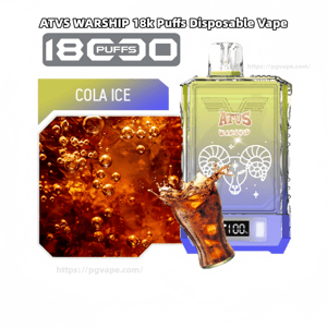 Rectangular ATVS WARSHIP disposable vape with a green-to-purple transparent casing and ram emblem, shown beside a bold 18k puffs badge and 'Cola Ice' label, with a fizzy cola splash and close-up of bubbling soda, and a small digital display at the device base.