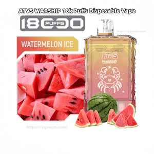 ATVS Warship disposable vape with a pink-to-gold gradient case and white crab logo shown beside a whole watermelon, watermelon slices, a 'Watermelon Ice' label, and an '18k puffs' badge.