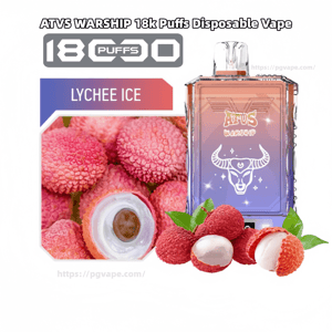 Product advertisement showing a translucent gradient purple-orange ATVS Warship disposable vape device with a bull logo next to whole and peeled lychees, accompanied by a 'Lychee Ice' label and an '18k puffs' badge.