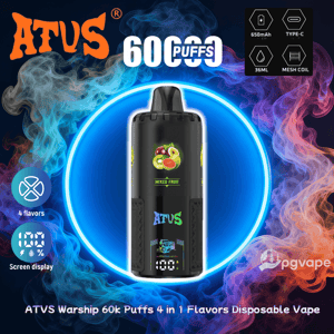 Zwarte ATVS Warship wegwerpvape met het opschrift 'Mixed Fruit' gecentreerd in een neonblauwe ring met wervelende rode en blauwe rook, prominente '60K PUFFS'-branding en kleine iconen met 650 mAh-batterij, Type-C-opladen, 36 ml-capaciteit, mesh-spoel en vier smaken.