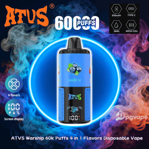 Heldere advertentie met een blauwe ATVS-wegwerpvape met het opschrift 'Blueberry Ice' gecentreerd in een neonring met kleurrijke rook, grote '60000 PUFFS'-tekst erboven en pictogrammen die 650 mAh, Type-C, 36 ml, mesh-spoel, vier smaken en een schermweergave aangeven.