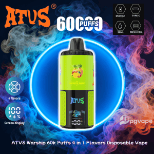 Colorful advertisement featuring a lime-green and black ATVS disposable vape labeled Pineapple Mango centered in a glowing blue ring with swirling blue and orange vapor, large 