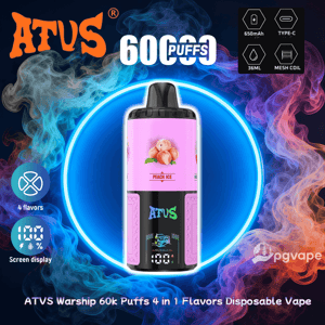 Bright promotional image showing a pink ATVS disposable vape device labeled 'Peach Ice' centered in a glowing blue ring beneath a large '60,000 puffs' headline, with the orange ATVS logo, icons for 650mAh battery, Type-C charging, 36ml capacity, mesh coil, four flavors, and a small screen display against swirling blue and purple smoke.