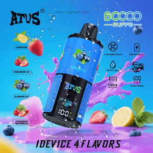 Blue ATUS disposable vape device with a digital screen centered against a bright blue background with water droplets and purple liquid splashes, surrounded by fruit flavor icons (lemon mint, strawberry ice, blueberry ice, strawberry watermelon) and small pictogram specs indicating 6000 puffs, 650mAh battery, 36mL e‑liquid and mesh coil.