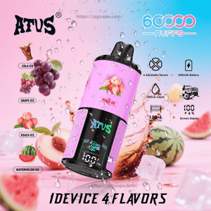 Pink and black ATVS 6000 Puffs vape device with a digital screen, shown with water droplets and fruit (grape, peach, watermelon, cola) and specs noting 4 flavors, 650mAh battery and 38mL e-liquid.