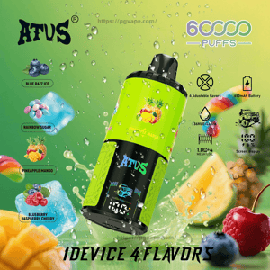 Bright lime-green ATUS disposable vape device with a black mouthpiece and digital screen, surrounded by water droplets and fruit and candy illustrations (pineapple, mango, blueberries, raspberries, cherries, ice cubes and rainbow candy) and icons/text noting 6000 puffs, 650mAh battery, 36mL e-liquid, four flavors and the slogan '1 DEVICE 4 FLAVORS'.