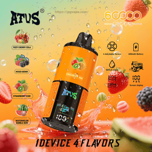 Orange-and-black ATUS 6000-puffs disposable vape device tilted amid splashing water droplets and fruit illustrations, with flavor icons for fizzy cherry cola, mixed berry, strawberry kiwi and watermelon bubble gum and small badges noting 4 adjustable flavors, 650mAh battery, 36mL e-liquid and screen display