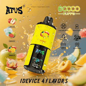 Bright yellow ATUS disposable vape device with a digital screen shown tilted among splashing fruit and ice, branded '6000 puffs' and accompanied by flavor icons for Apple Ice, Guava Ice, Mango Ice and Cantaloupe Ice plus small feature icons and text.