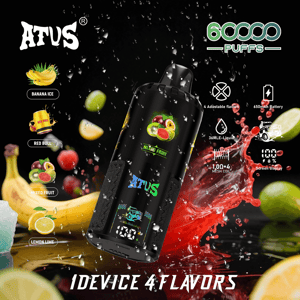 Black ATVS disposable vape device with a small digital screen and mixed-fruit graphic, shown amid splashing fruit and water with flavor labels (Banana Ice, Red Bull, Mixed Fruit, Lemon Lime), “6000 PUFFS” branding and small icons denoting battery, e‑liquid and coil specs.