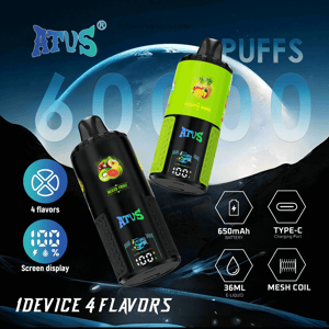Two cylindrical ATUS vape devices—one lime green labeled Pineapple Mango and one black labeled Mixed Fruit—floating before a stylized Earth backdrop with icons noting 4 flavors, screen display, 650mAh battery, Type‑C charging, 36ml e-liquid and mesh coil.