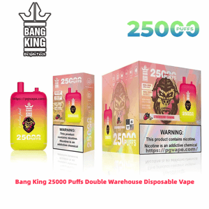 Colorful pink-to-yellow-to-green Bang King disposable vape device displayed with two matching product boxes, prominently labeled 25,000 puffs, featuring a gorilla logo, flavor name ‘Strawberry Banana’ and a visible nicotine warning.