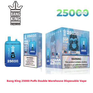Blue gradient Bang King disposable vape device beside two product boxes prominently labeled 