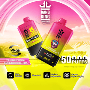 Two pink-to-yellow gradient Bang King disposable vape devices with a cartoon monkey logo and a Dual Flavor label (strawberry mango and watermelon bubble gum) floating over a bright pink-and-yellow landscape with feature icons and promotional text indicating puff count.