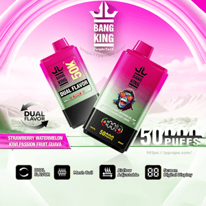Colorful ad featuring two magenta-to-green gradient Bang King DelphiTech disposable vape devices labeled Dual Flavor and 50K/50,000 puffs, a flavor banner listing Strawberry Watermelon and Kiwi Passion Fruit Guava, and icons for dual flavor, mesh coil, adjustable airflow, and digital screen set against a pink sky and mountain backdrop.
