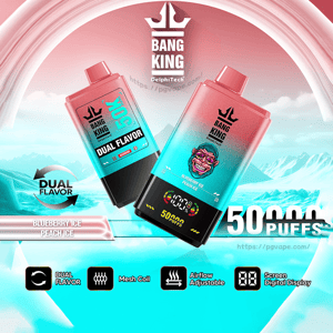 Two pink-to-teal gradient Bang King DelphiTech disposable vape devices floating over an icy mountain background, labeled Dual Flavor (Blueberry Ice / Peach Ice) with a digital puff counter showing 50,000 puffs and icons for mesh coil, adjustable airflow, and screen display.