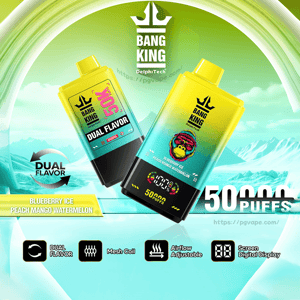 Two gradient yellow-green Bang King disposable vape devices floating over an icy mountain background, showing a monkey logo, dual-flavor labels (Blueberry Ice and Peach Mango Watermelon), a prominent 50000 puffs claim and feature icons for dual flavor, mesh coil, adjustable airflow and digital display.