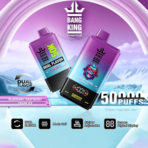 Two purple-gradient Bang King disposable vape devices hovering above icy mountains with bold '50000 PUFFS' text, flavor label 'Blueberry Raspberry Grape Ice', a colorful gorilla logo, and icons for dual flavor, mesh coil, adjustable airflow and digital display.