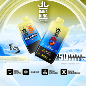 Two yellow-to-blue Bang King disposable vape devices with crown logo and digital screen shown against an icy mountain background, advertising dual flavor Red Bull Strawberry Banana and prominently displaying 