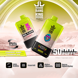 Two lime-green Bang King disposable vape devices with a colorful gorilla logo and digital puff counter, labeled dual flavor (strawberry mango / strawberry kiwi) and advertising 50,000 puffs, set against a stylized mountain background with icons for dual flavor, mesh coil, adjustable airflow, and digital display.