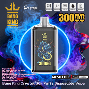 A promotional image of a glossy black Bang King disposable vape with a blue dragon illustration and '300 puffs' label, centered inside a neon blue ring surrounded by swirling purple and blue smoke and small icons indicating mesh coil, 30,000 puffs, Type-C charging, and 650mAh capacity.