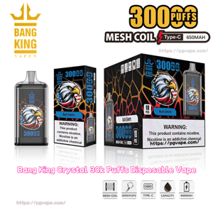 Black Bang King disposable vape and matching retail boxes featuring a stylized eagle logo, labeled Aloe Grape and prominently marked with a puff-count and specs including mesh coil, Type‑C charging and 650 mAh battery, with a nicotine warning label.