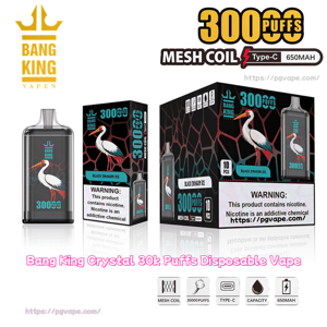 Product shot of Bang King disposable vape and retail boxes for the Black Dragon Ice flavor, showing a black device and packaging decorated with a white crane, prominent puff-count and mesh-coil/Type‑C 650mAh claims, and nicotine warning labels.