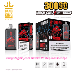 Black-and-red Bang King disposable vape device and three product boxes showing a red bull logo and text '30000 puffs' and 'Peach Ice' flavor, with mesh coil, Type-C and 650mAh icons and visible nicotine warning labels.