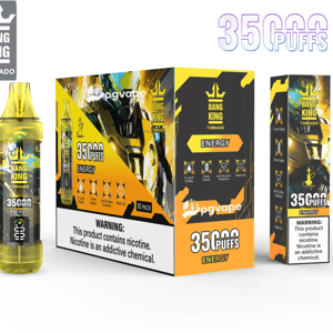 Yellow-and-black Bang King Tornado disposable vape with matching retail boxes labeled Energy and prominently advertising 35,000 puffs, showing the crown logo and a nicotine warning on the packaging.