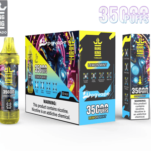 Bright, neon product display of Bang King Tornado Lemon Mint disposable vapes showing a yellow-capped vape device on the left, a branded multi-pack box in the center and a single sleeve on the right with colorful blue and yellow graphics, a prominent 