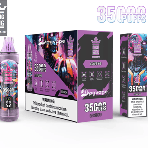 Purple-themed Bang King Tornado disposable vape bottle and two product boxes labeled Love 66 featuring colorful robot artwork, prominent 35,000 puffs claim and nicotine-warning text on the packaging.