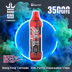 Red Bang King Tornado disposable vape device labeled “35K puffs Watermelon” centered in front of a glowing blue ring with swirling green and blue vapor and brand logo and product details around it.