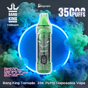Green Bang King Tornado disposable vape device labeled Double Apple and 35K Puffs centered inside a glowing blue ring with swirling green and blue vapor, brand logos, and small product specifications around the edges.