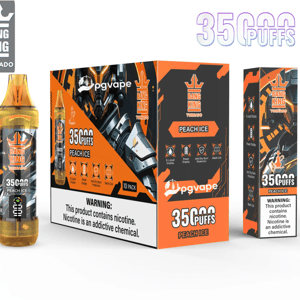 Orange-and-black Bang King Tornado vaping device and packaging: a translucent gold-capped disposable vape next to a 10-pack box and single box labeled '35 PUFFS' and 'Peach Ice' with a robotic graphic and prominent nicotine warning.