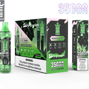 Green Bang King Tornado Strawberry Kiwi disposable vape device shown alongside matching 10-pack and single retail boxes in green-and-black packaging prominently displaying the puff count and nicotine warning.