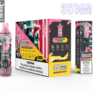 Bright pink-and-teal packaging for Bang King Tornado Strawberry Mango vaping products showing a translucent pink disposable device labeled “35 puffs” on the left, a colorful 10-pack display box with skull artwork in the center, and a single retail box on the right, all bearing the crown logo and nicotine warning text.