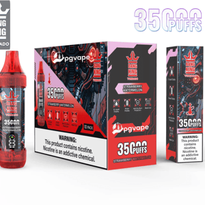 Red and black Bang King Tornado disposable vape device and matching Strawberry Watermelon 35,000-puffs retail boxes displayed on a white background, showing brand logos, flavor label, nicotine warning and futuristic mechanical graphics.
