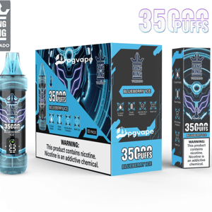 Cyan-and-black Bang King Tornado blueberry ice vape device and retail packaging featuring neon circuit graphics, '35,000 puffs' branding, PGVape logo and nicotine warning labels.