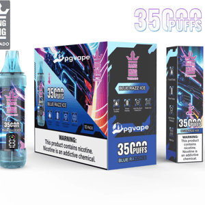 Three Bang King Tornado Blue Razz Ice vape items — a translucent cyan disposable device, a 10‑pack PGVape display box and a retail sleeve — all labeled 