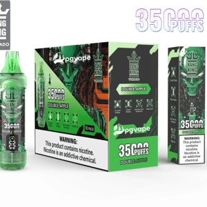 Green Bang King Tornado disposable vape device and matching boxes labeled 35,000 puffs Double Apple, showing brand graphics and a nicotine warning label.