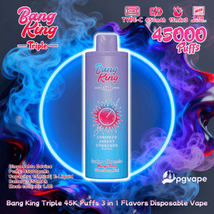 Purple cylindrical disposable vape device labeled Bang King Triple centered inside a glowing blue neon ring with multicolored smoke plumes, large text stating 45000 puffs and icons listing Type-C, 650mAh and 15ml×3 e-liquid, flavor names and a pgvape logo.