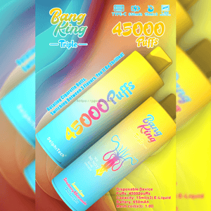 Colorful product advertisement showing two gradient yellow-and-cyan disposable vape devices labeled 