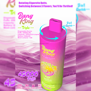 Pink-to-green cylindrical disposable vape labeled 'Bang King Triple' with a 3-in-1 rotating mouthpiece indicated by blue arrows, prominent '45000 Puffs' text and small specs (15ml×3, 650mAh, mesh coils) set against a purple wavy background.