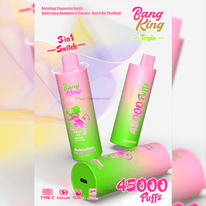Three pink-and-green gradient Bang King Triple disposable vapes with a lion logo and 3-in-1 flavor switch shown on a pastel background, one revealing a Type-C port and prominent text reading 45000 Puffs.