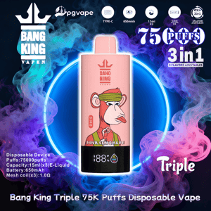 Appareil de vapotage jetable Pink Bang King présentant un graphique de singe de dessin animé centré dans un anneau bleu brillant, entouré de nuages ​​de vapeur violets et turquoise et d'un texte publicitaire indiquant 75 000 bouffées et une fonction triple saveur 3 en 1.