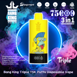 A bright yellow disposable vape with a blue‑mohawk cartoon monkey centered in a neon blue ring against swirling purple, teal, and pink smoke, surrounded by branding and text advertising Bang King Triple 75K Puffs with 3‑in‑1 flavors and Type‑C charging.