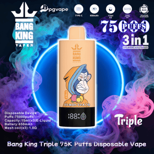 Promotional image of a beige Bang King disposable vape with a cartoon monkey graphic centered inside a glowing blue ring and surrounded by swirling purple and pink vapor, accompanied by branding and text listing features such as 75,000 puffs, 3‑in‑1 three-flavor/15 ml×3 capacity and Type-C charging/battery information.