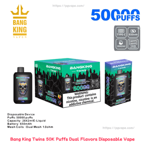 Black Bang King Twins disposable vape device alongside its green-and-black retail box and sleeve, all featuring a colorful skull design and large '50,000 puffs' label, nicotine warning, and icons noting Type-C charging, 650 mAh battery, 28×2 ml e-liquid capacity, and dual mesh 1.0 Ω coils.