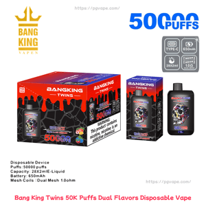 Packaging and product of Bang King Twins disposable vape: a red-and-black retail box, a smaller boxed unit, and a black pod-shaped device displaying a colorful skull graphic and '50K puffs' branding, with icons indicating Type-C charging and a 650mAh battery.
